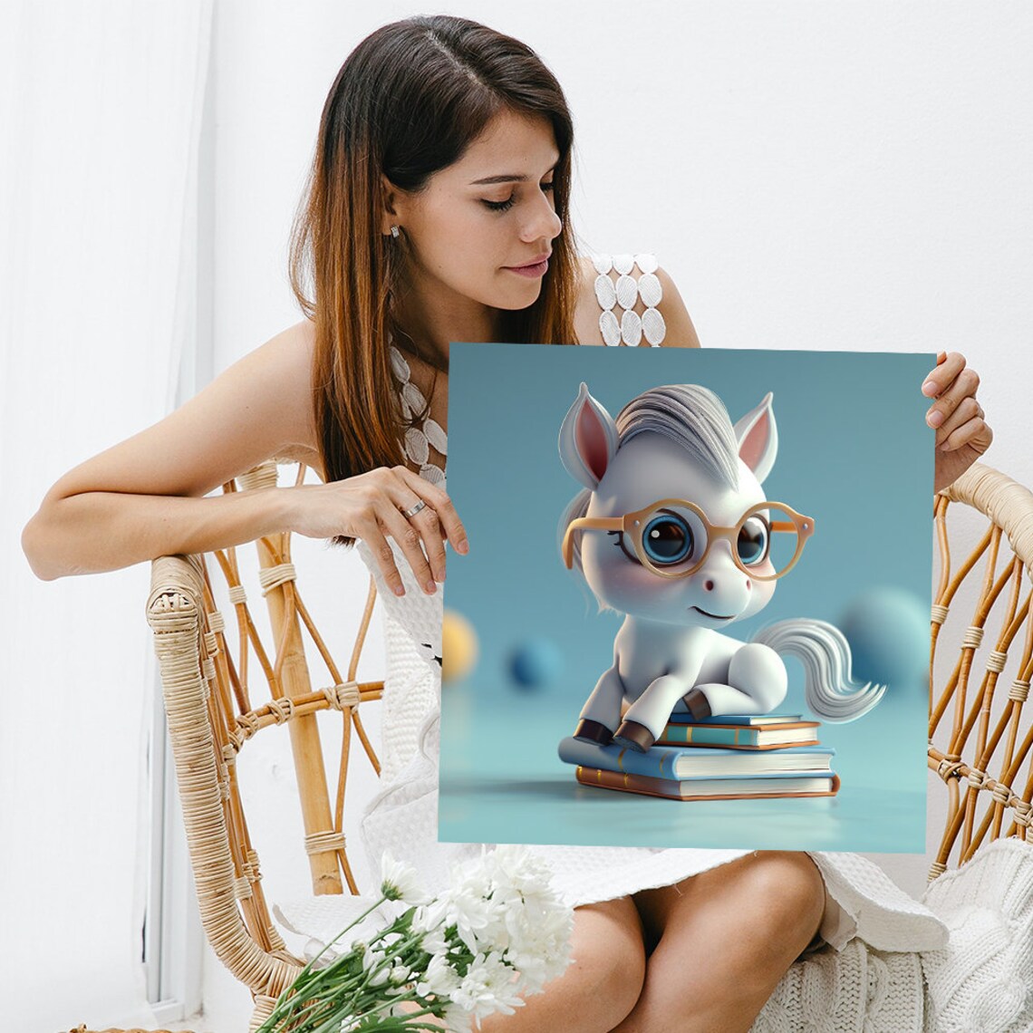 Cute Baby Unicorn With Glasses On Stack Of Books Whimsical Nursery Poster - Image 3