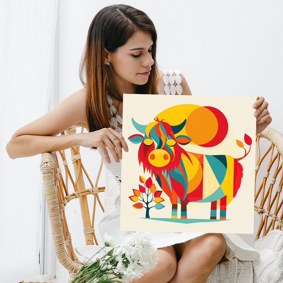 Geometric Colorful Highland Cow Retro Sun Bold Modern Art Poster - Image 3