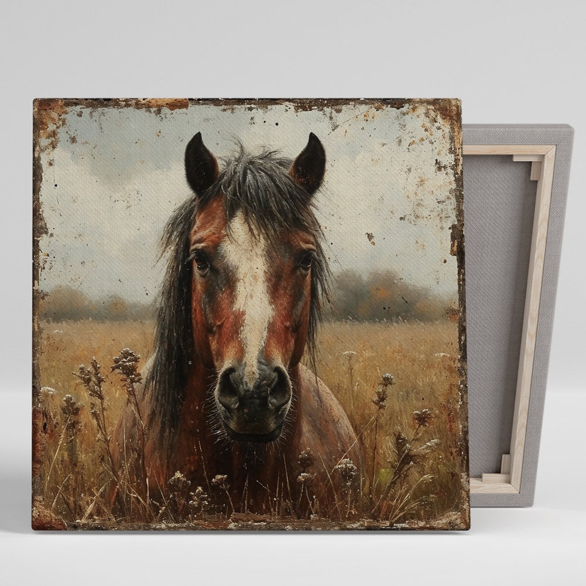 Brown Horse Field Portrait Vintage Distressed Frame Rustic Art Poster