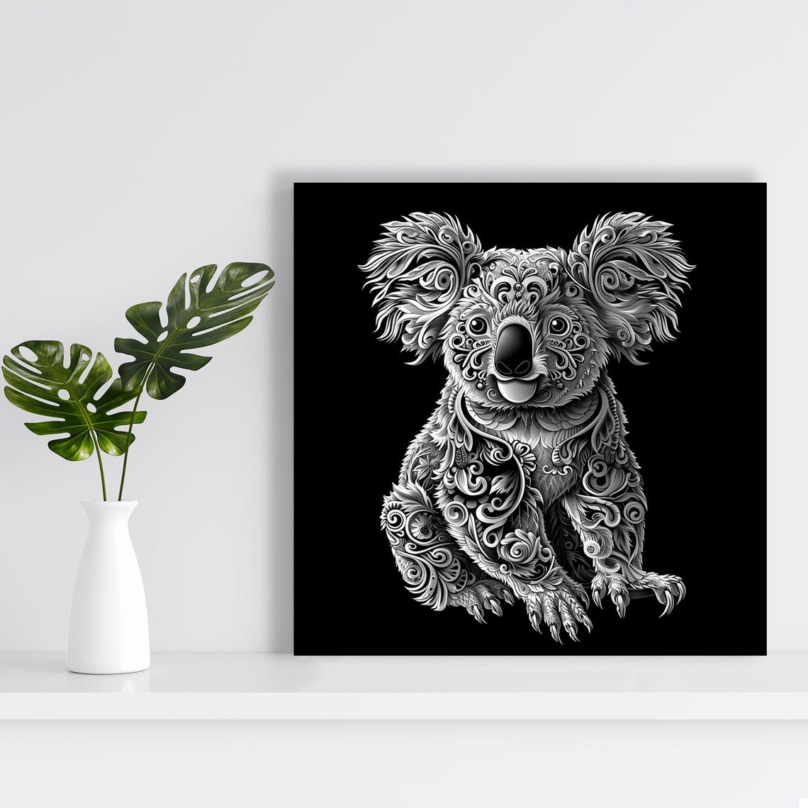 Ornate White Koala Mandala Zentangle Black Background Wall Poster - Image 2