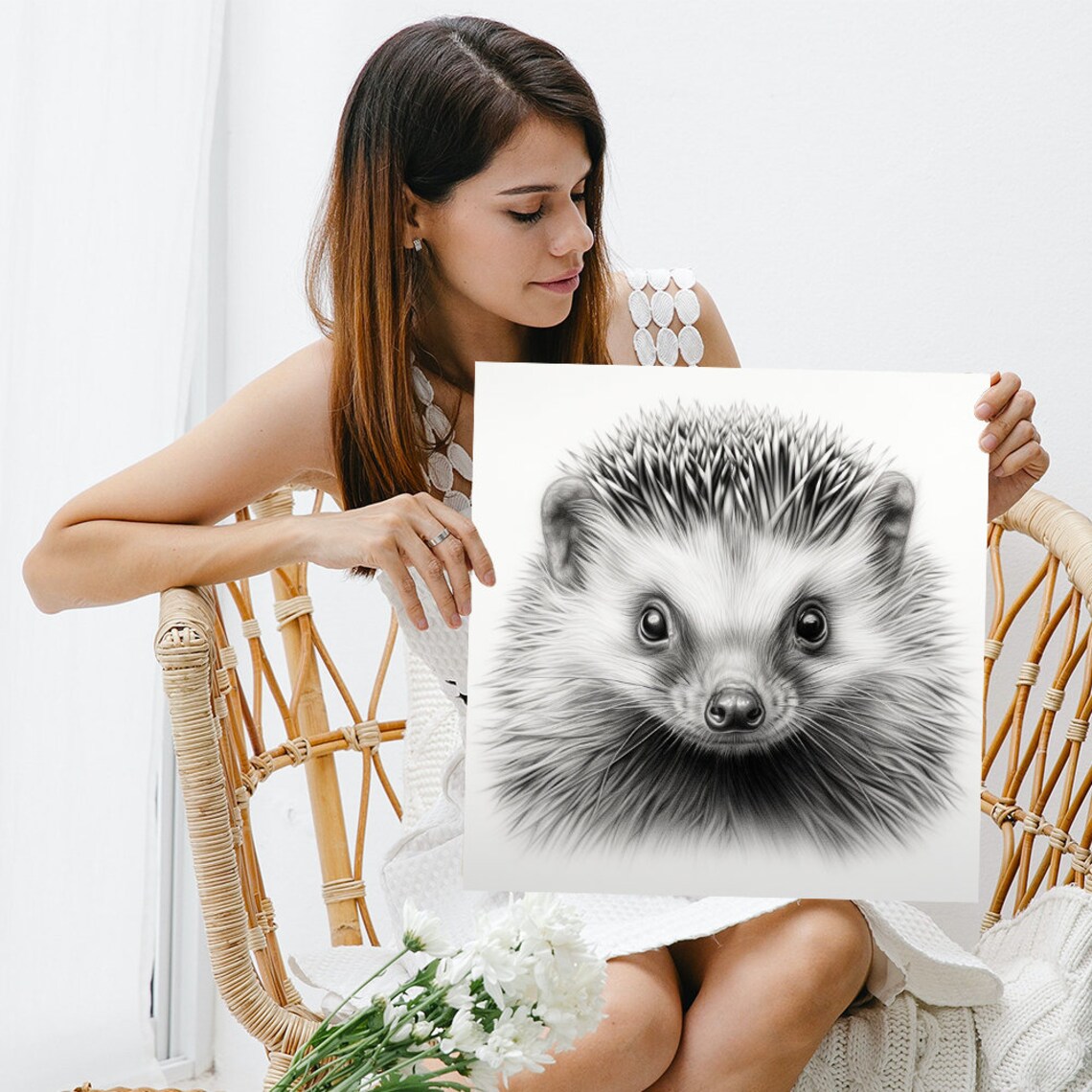 Hedgehog Pencil Sketch Portrait Black White Cute Animal Wall Art - Image 3
