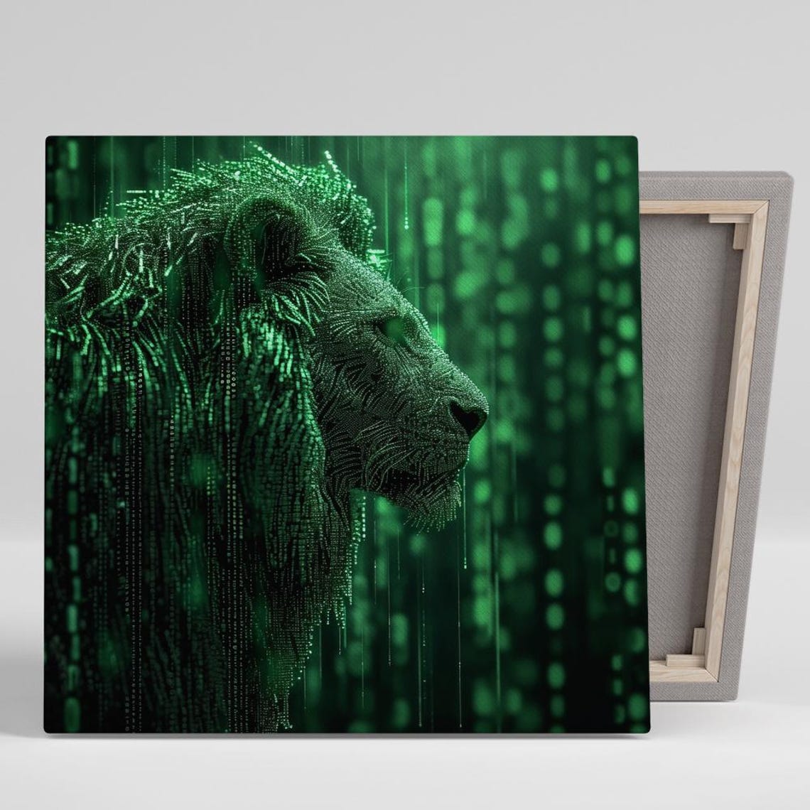 Lion Profile Formed Of Green Digital Code Rain Modern Art Poster