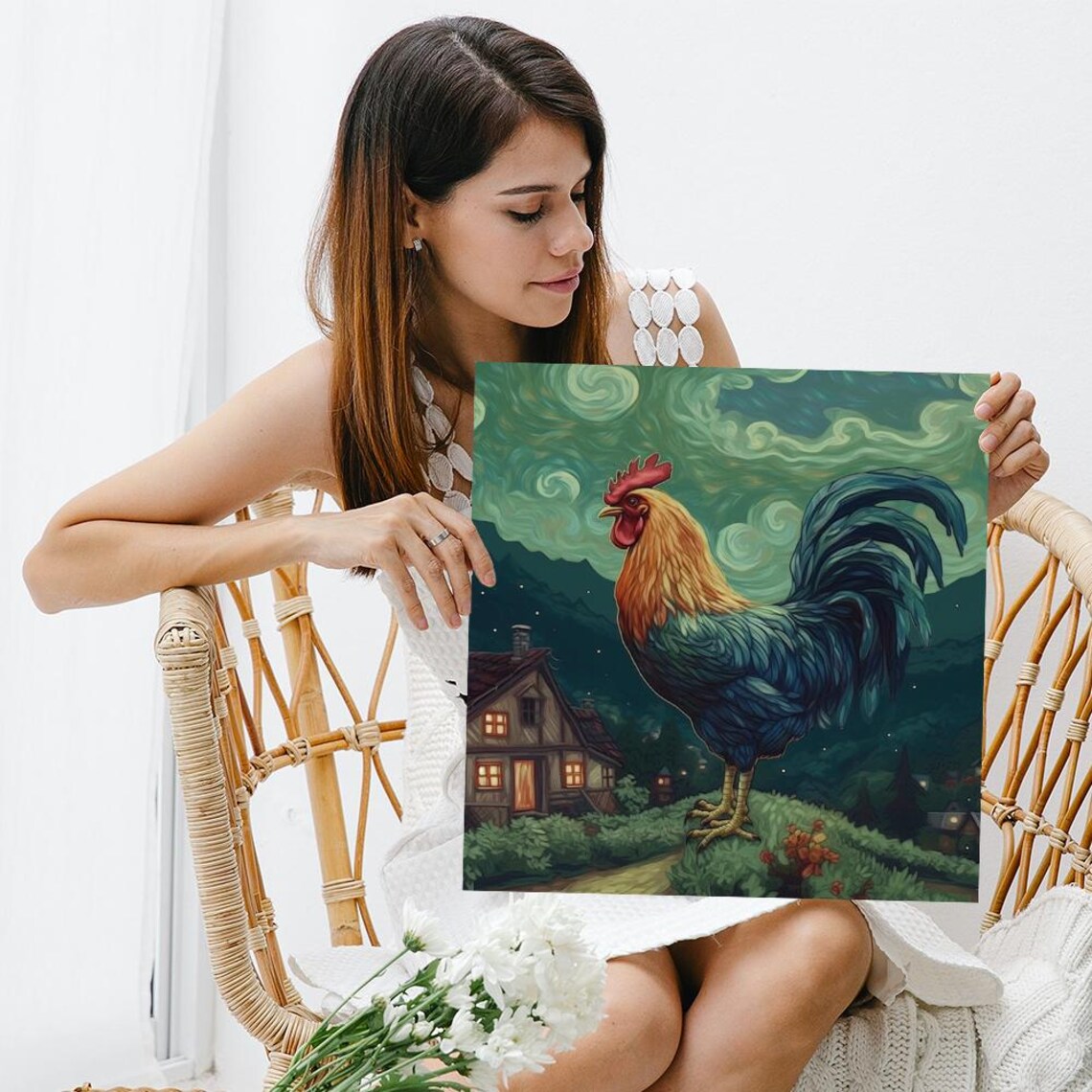 Rooster Under Swirling Starry Night Sky Village Scene Animal Poster - Image 3