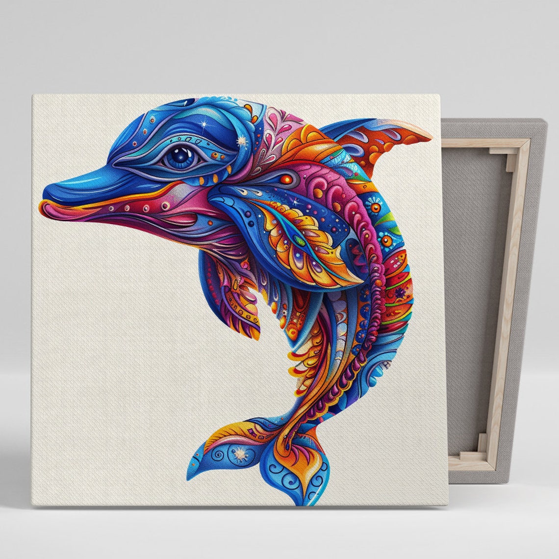 Psychedelic Floral Dolphin Blue Pink Orange Boho Ocean Art Poster