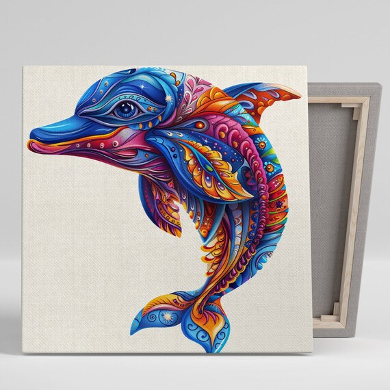 Psychedelic Dolphin Dream Wall Art Or Poster Whimsical Bohemian Decor Living Room Bedroom Office Wall Art Multicolor Blue Orange