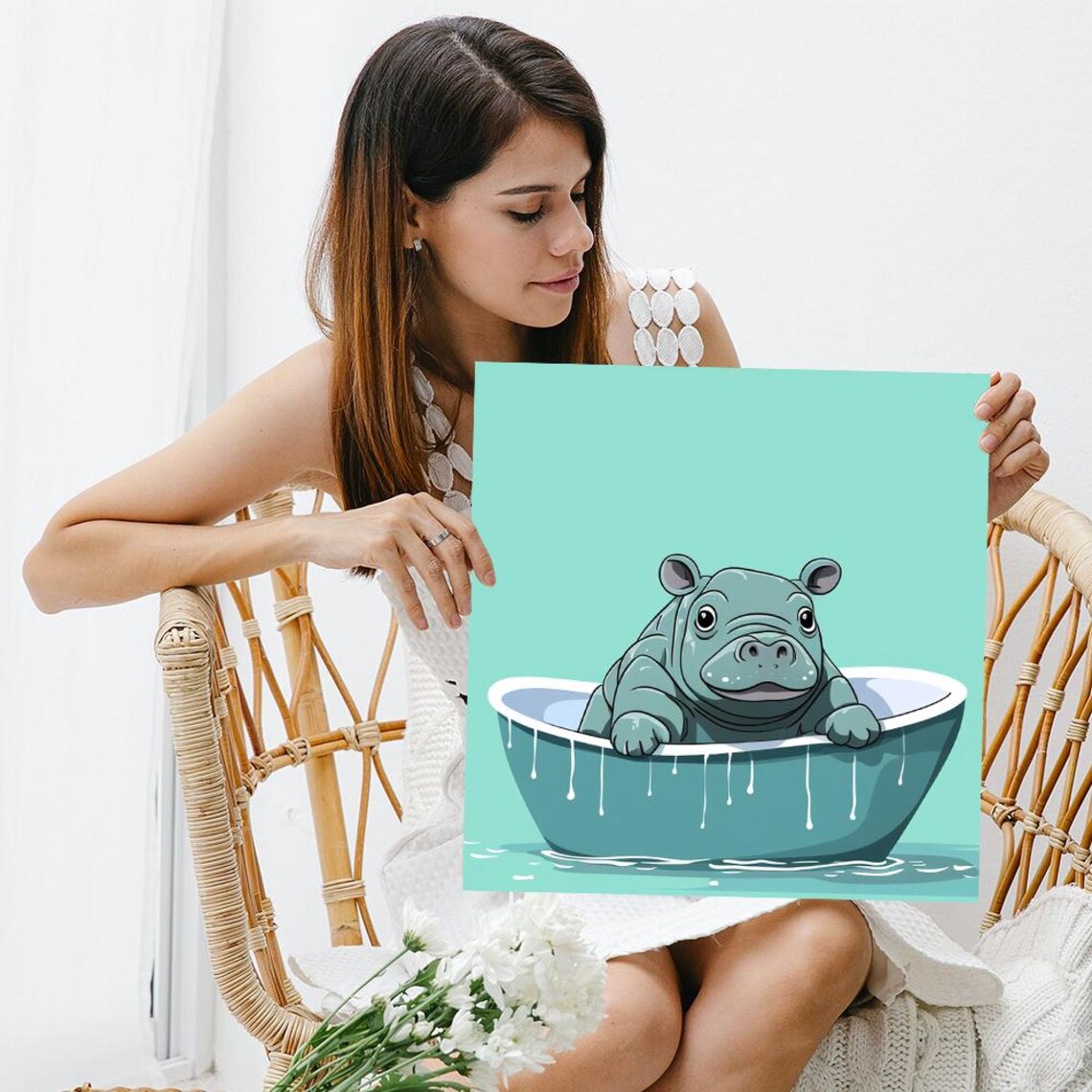 Baby Hippo Bathtub Soak Cute Teal Cartoon Nursery Animal Poster - Image 3