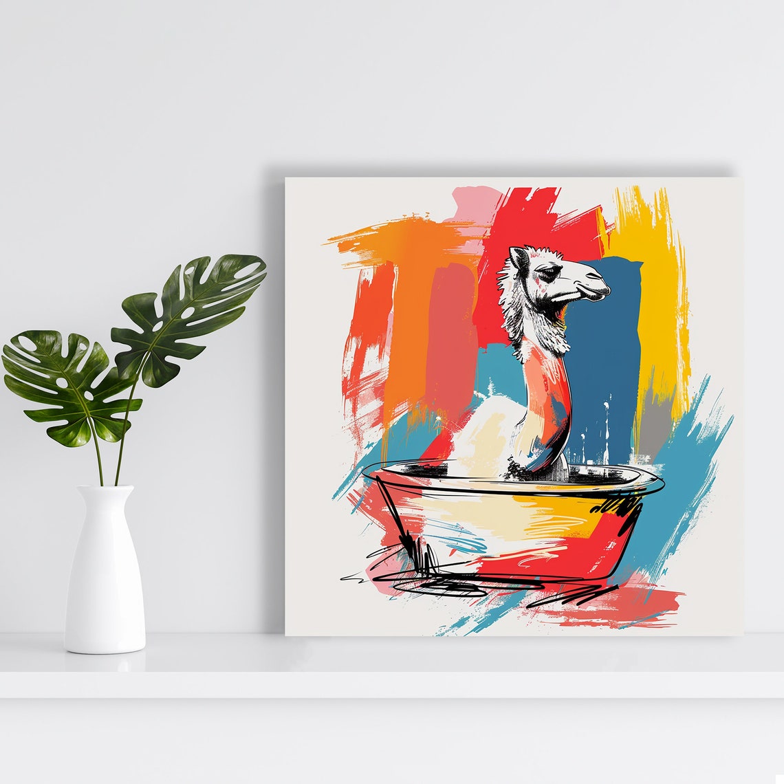 Camel In Bathtub Colorful Whimsical Sketch Bathroom Wall Poster - Image 2
