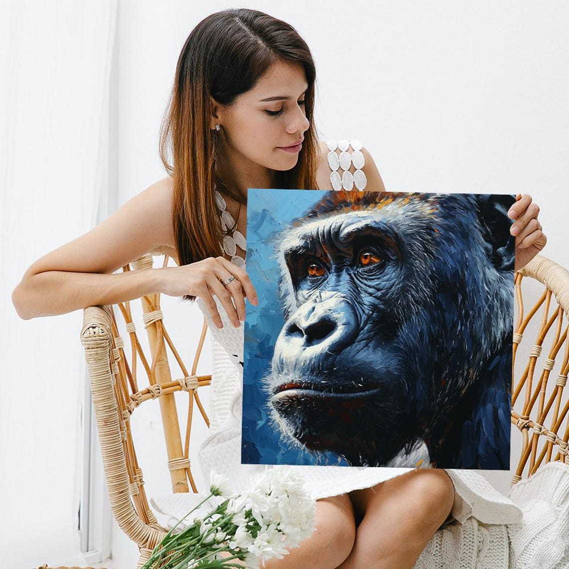 Gorilla Close Up Portrait Blue Orange Painterly Wildlife Art Poster - Image 3