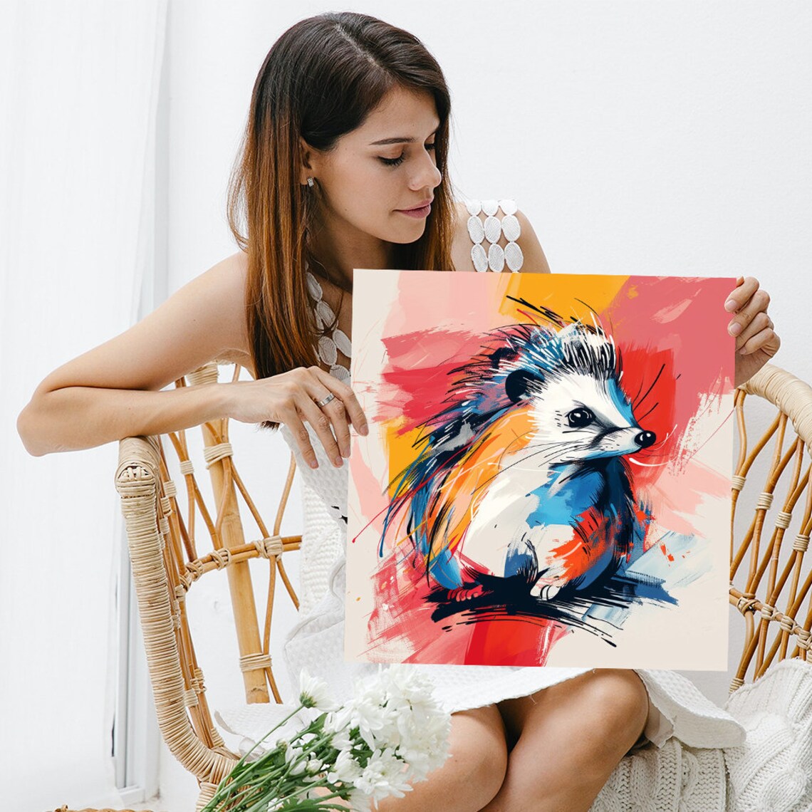 Hedgehog Watercolor Portrait Blue Orange Brushstroke Animal Art Poster - Image 3