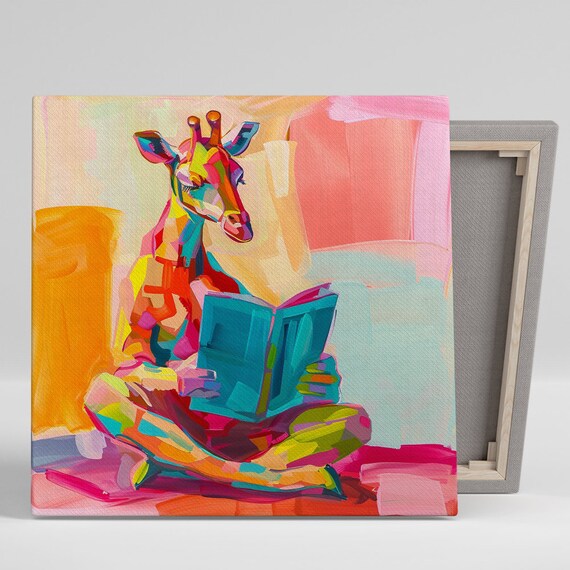 Rainbow Giraffe Reading Blue Book Colorful Vibrant Abstract Poster