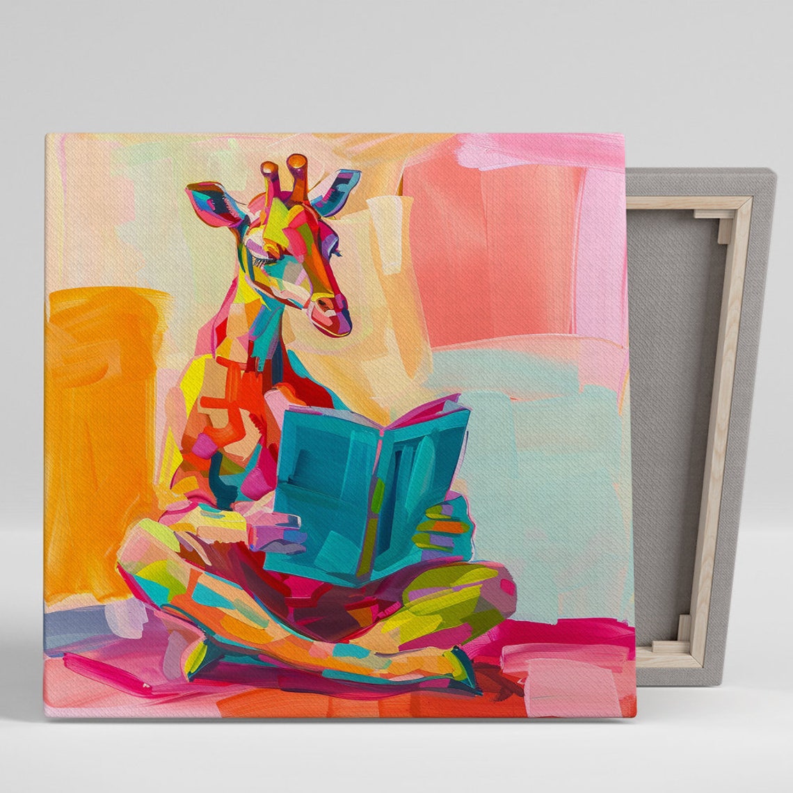 Rainbow Giraffe Reading Blue Book Colorful Vibrant Abstract Poster
