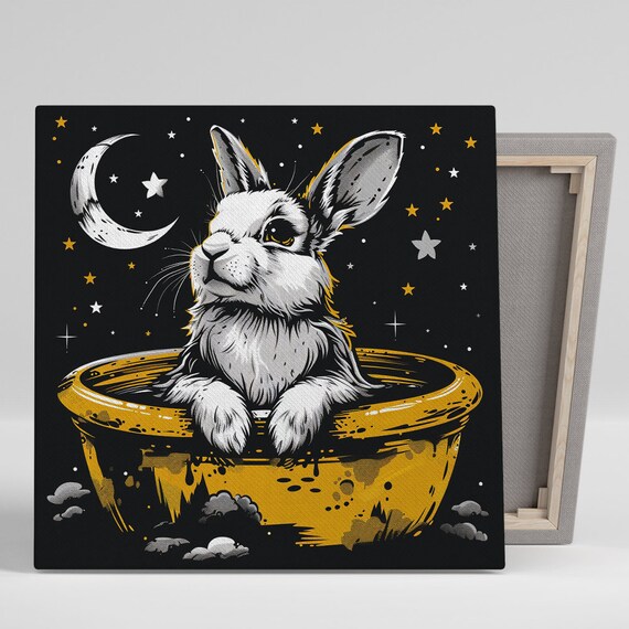 Cosmic Rabbit Golden Bowl Starry Night Dream Nursery Wall Art