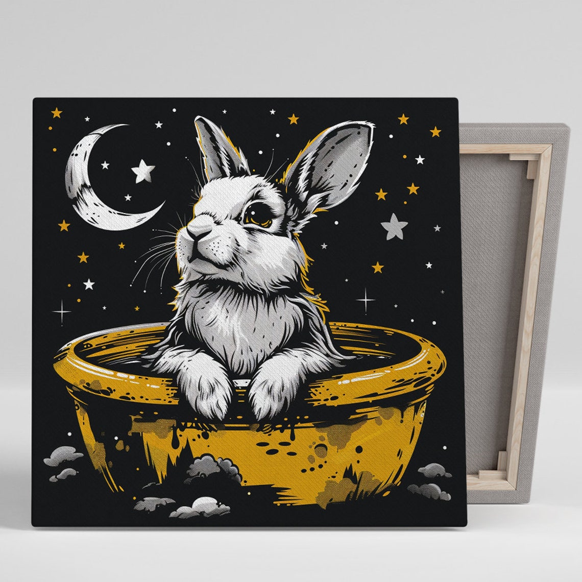Cosmic Rabbit Golden Bowl Starry Night Dream Nursery Wall Art