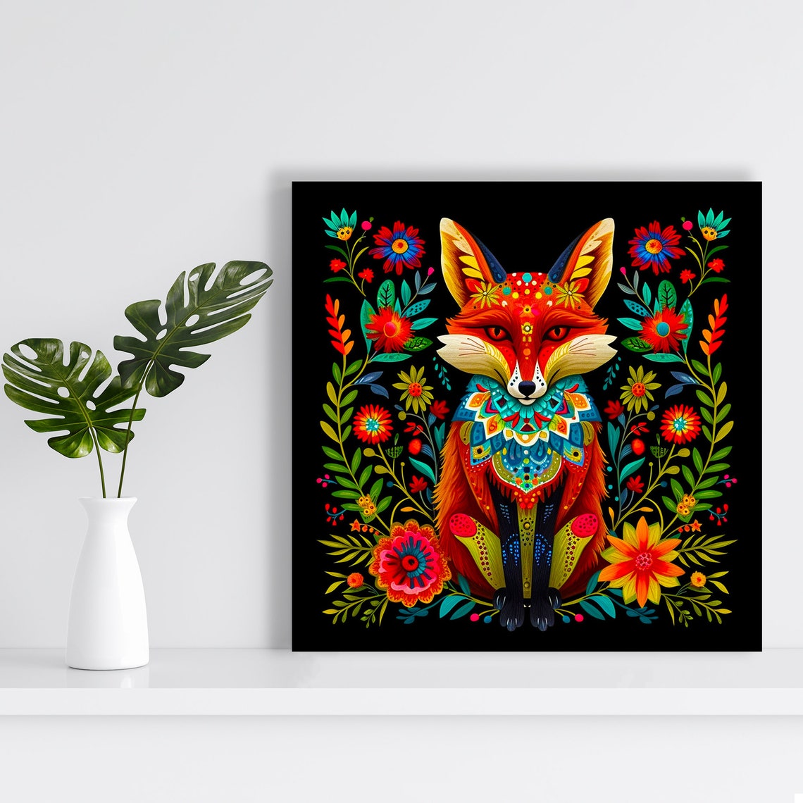 Colorful Folk Art Fox Flowers Black Background Boho Wall Art Poster - Image 2