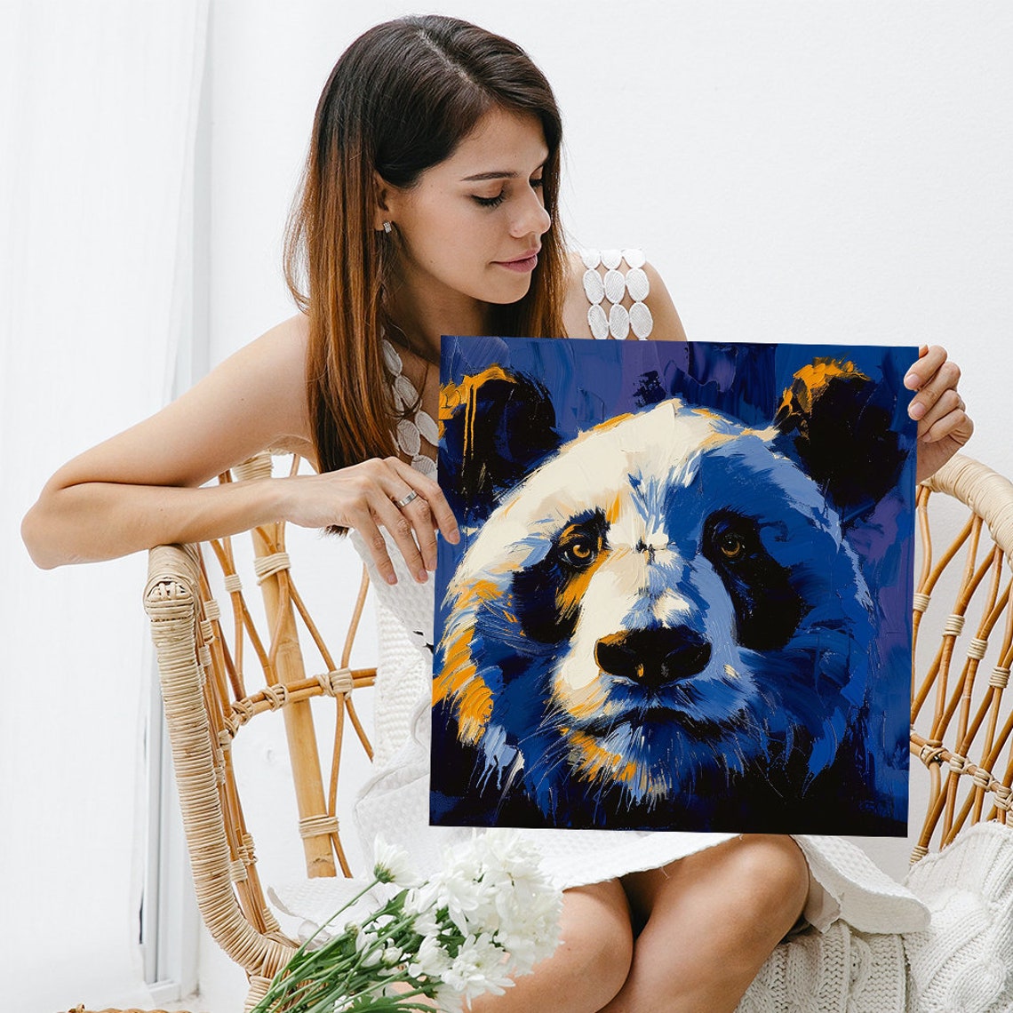 Panda Face Close Up Bold Blue Orange Impasto Paint Art Poster - Image 3
