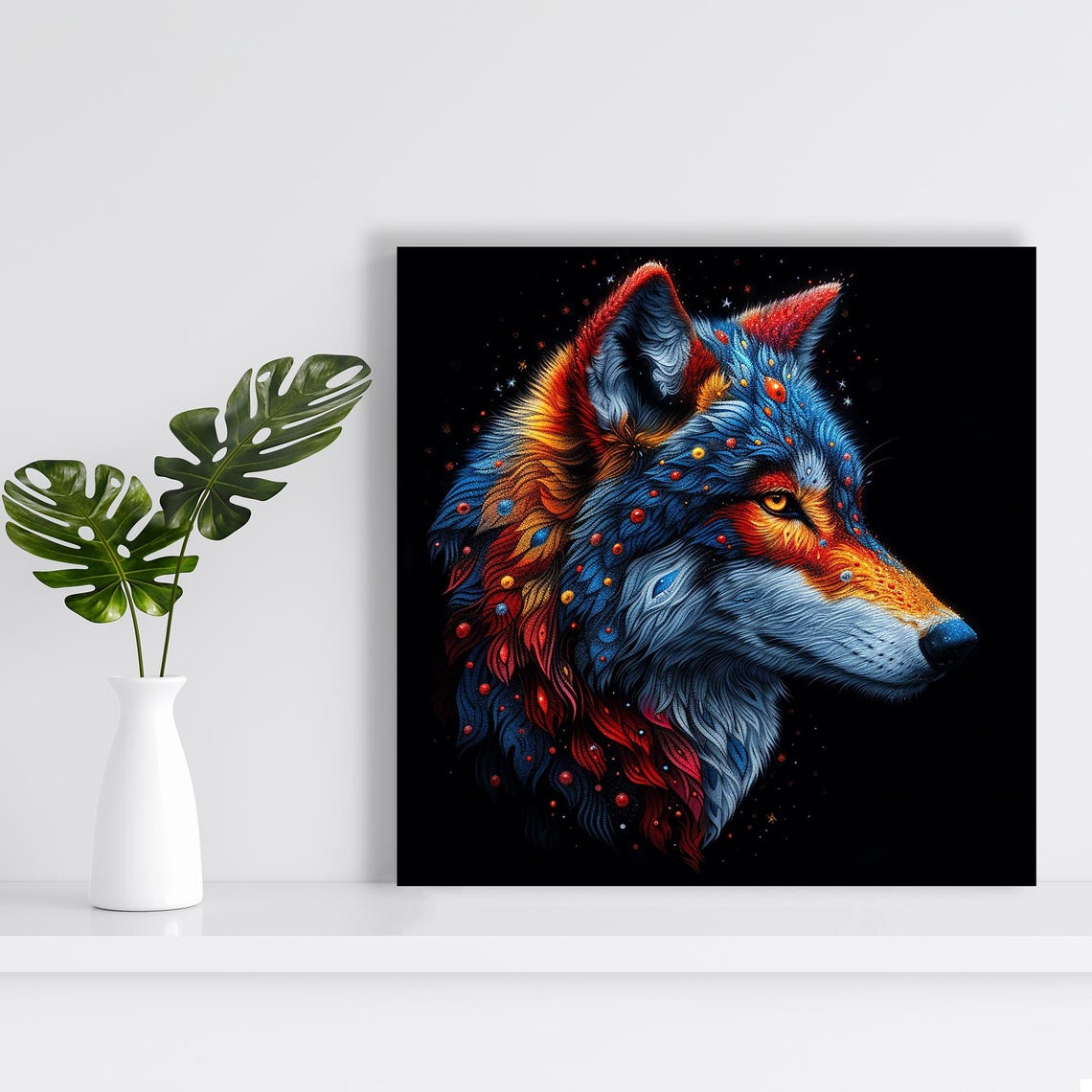 Cosmic Wolf Dreamscape Starry Red Blue Fur Night Sky Art Poster - Image 2