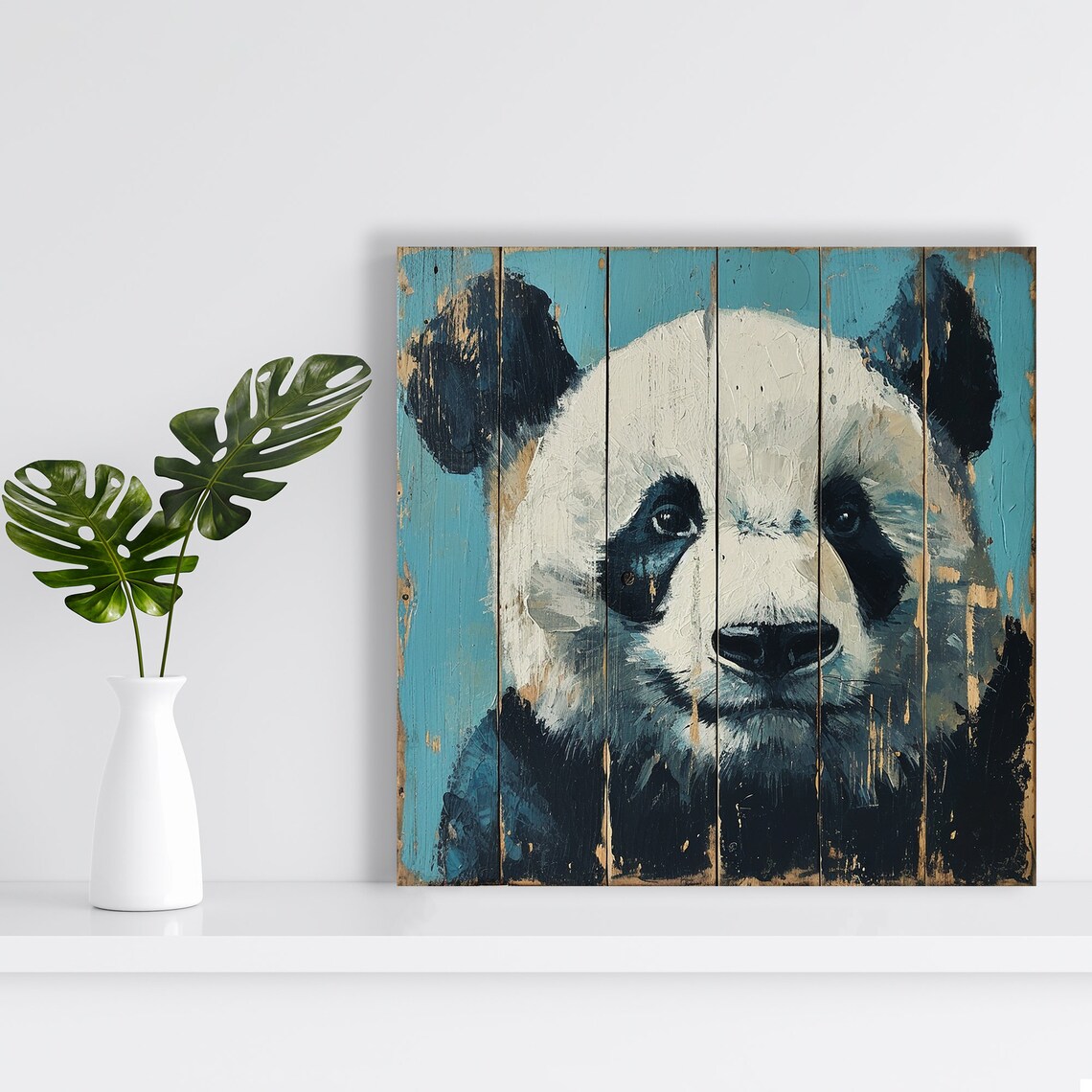 Panda Portrait On Distressed Teal Wood Planks Poster Rustic Farmhouse Print - Image 2