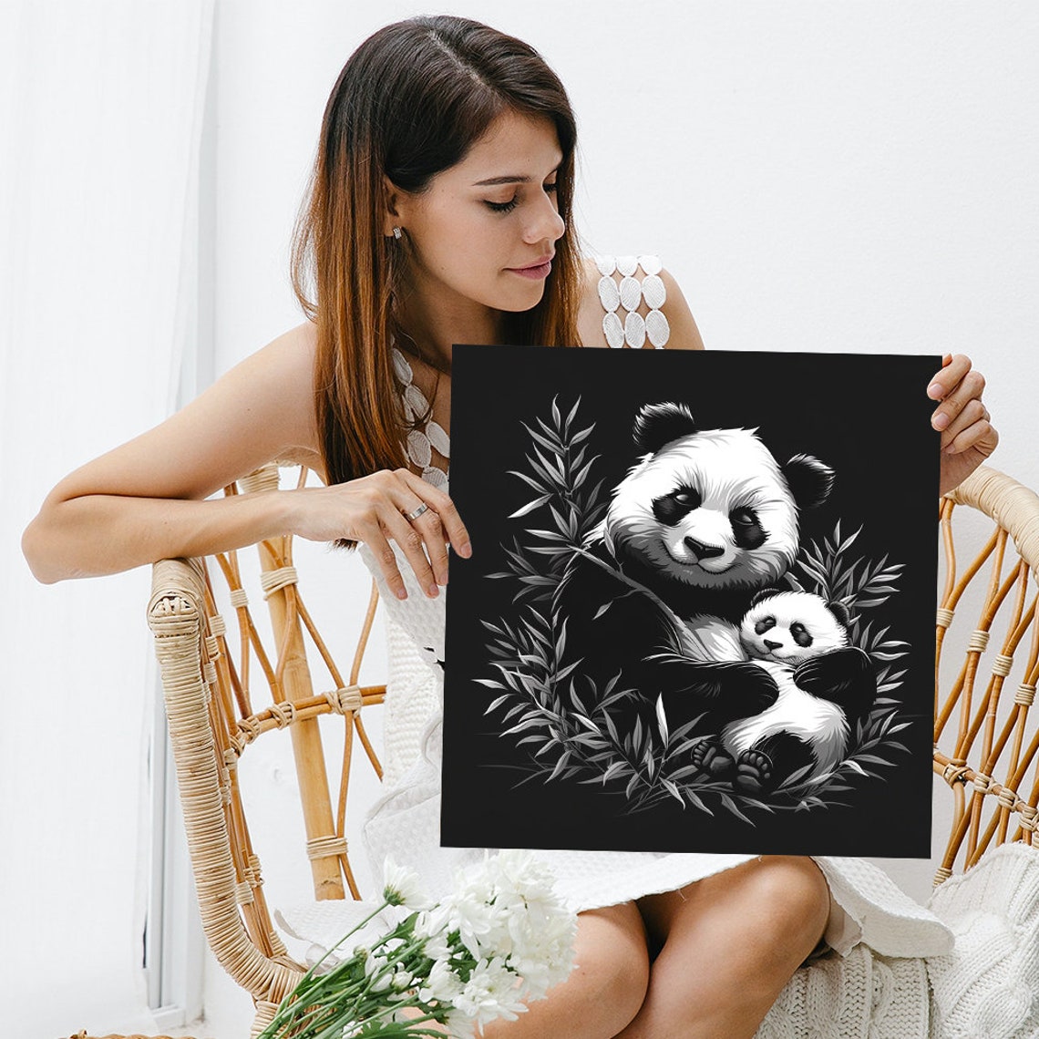 Panda Mother Hugging Cub Bamboo Black White Nature Wall Poster - Image 3