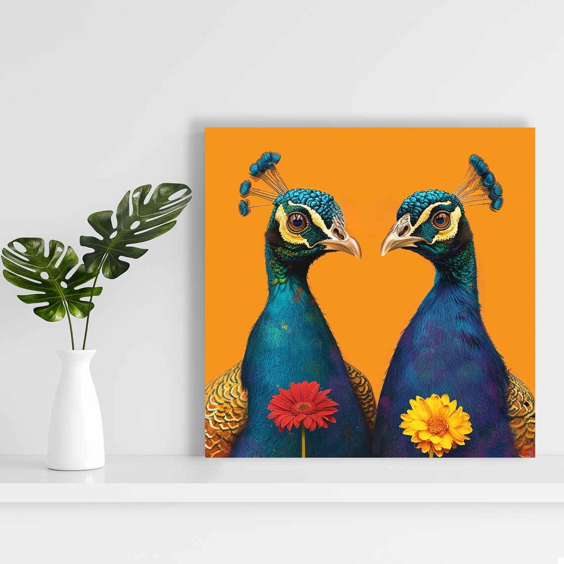 Peacock Duo Bloom, Whimsical Animal Art Print - Image 2