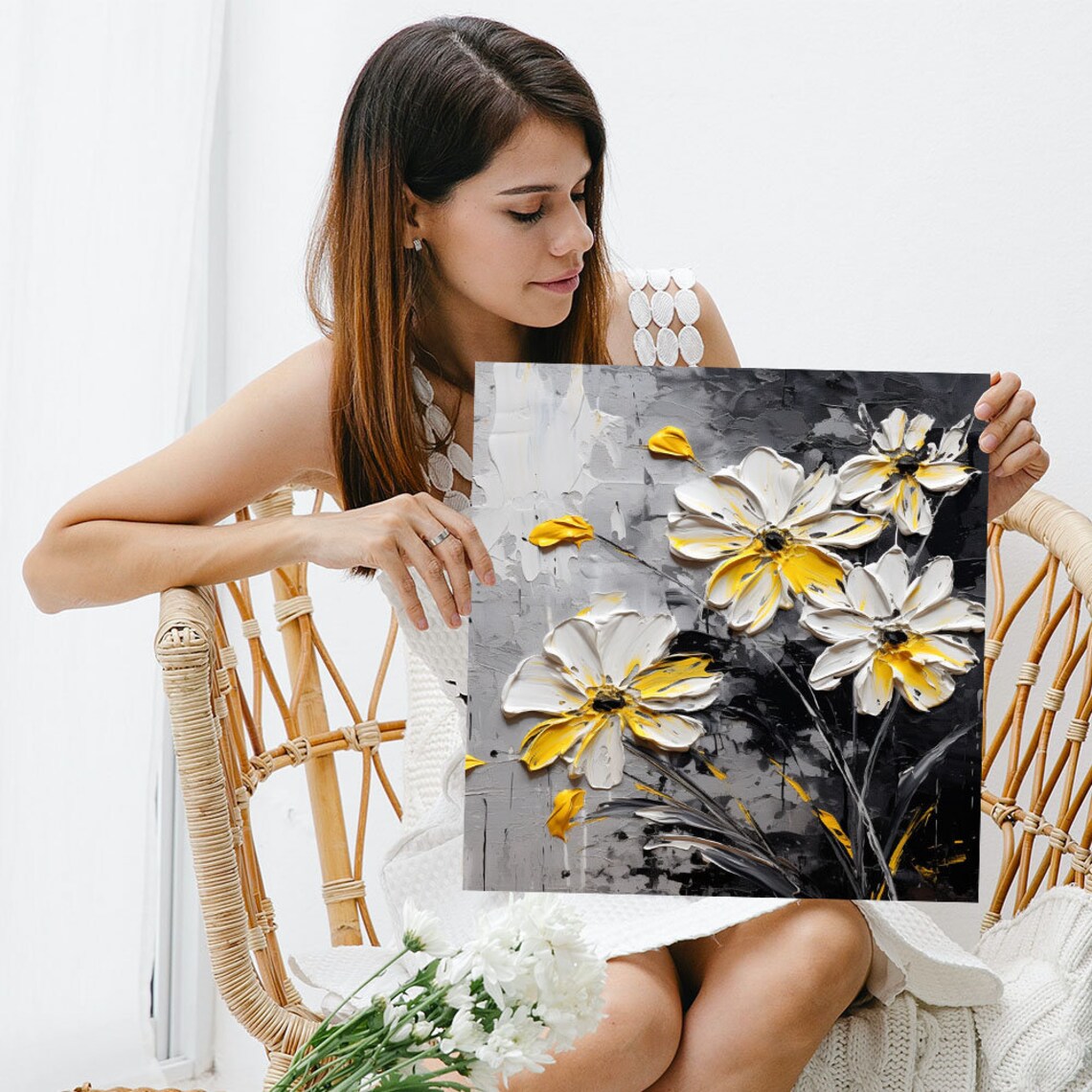 White And Gold Flower Art Print, Contemporary Whimsical Decor - Image 3