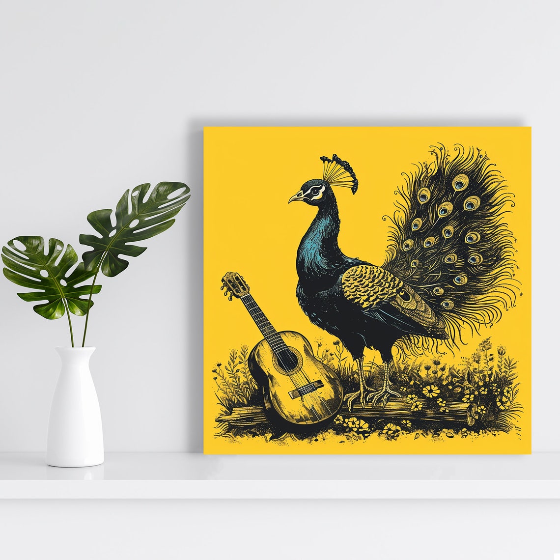 Vintage Peacock With Fanned Tail and Guitar Yellow Ink Art Poster - Image 2