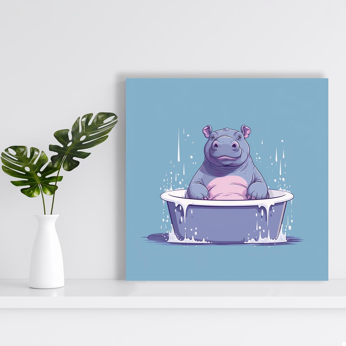 Cute Hippo Bubble Bath Blue Background Whimsical Funny Animal Wall Art Poster - Image 2