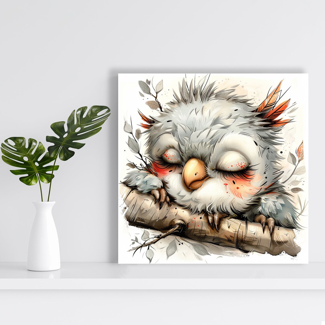 Sleepy Baby Owl On Branch Soft Watercolor Nursery Wall Poster - Image 2
