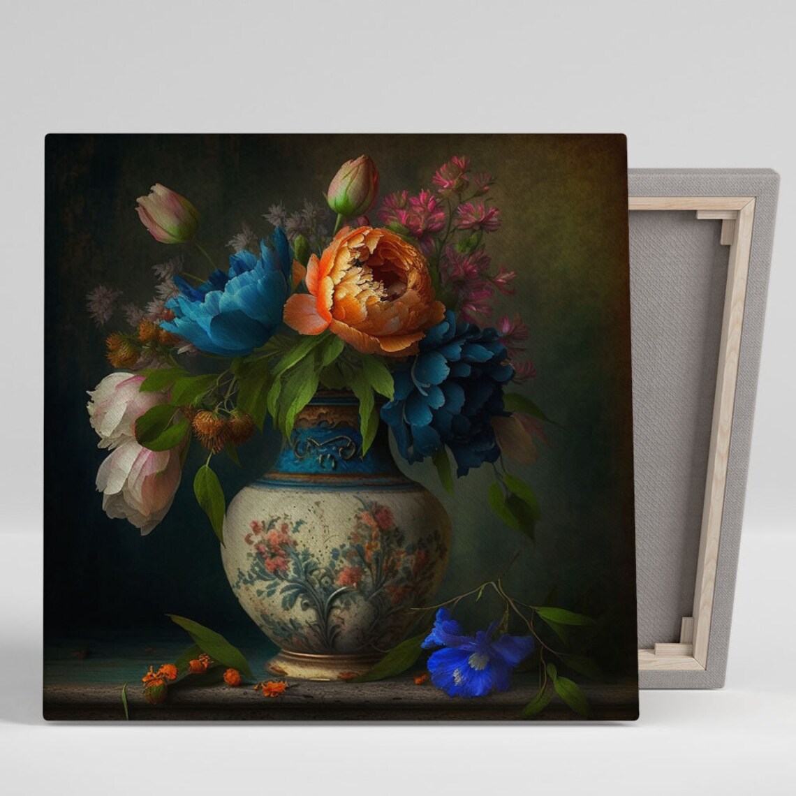 Orange Blue Peony Bouquet Hand Painted Floral Vase Elegant Wall Poster