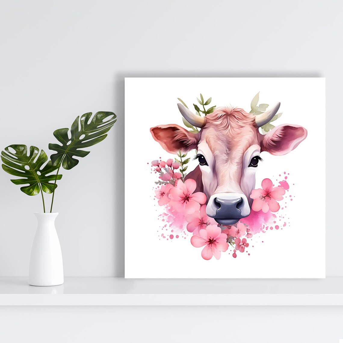 Pink Cow Portrait Blooming Flowers Watercolor Farmhouse Wall Art - Image 2