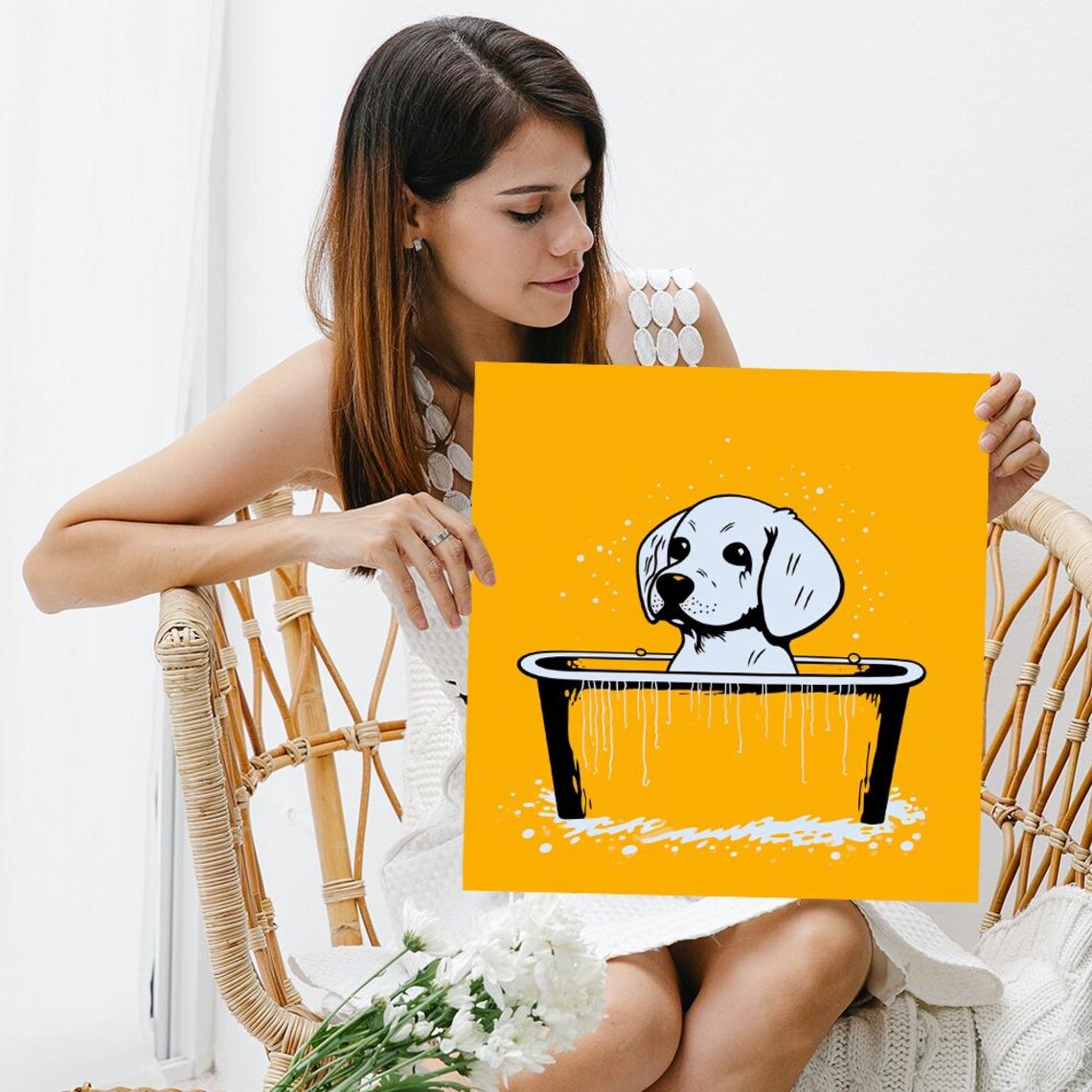 Cute White Puppy Dog Bathing In Black Tub Yellow Background Poster - Image 3