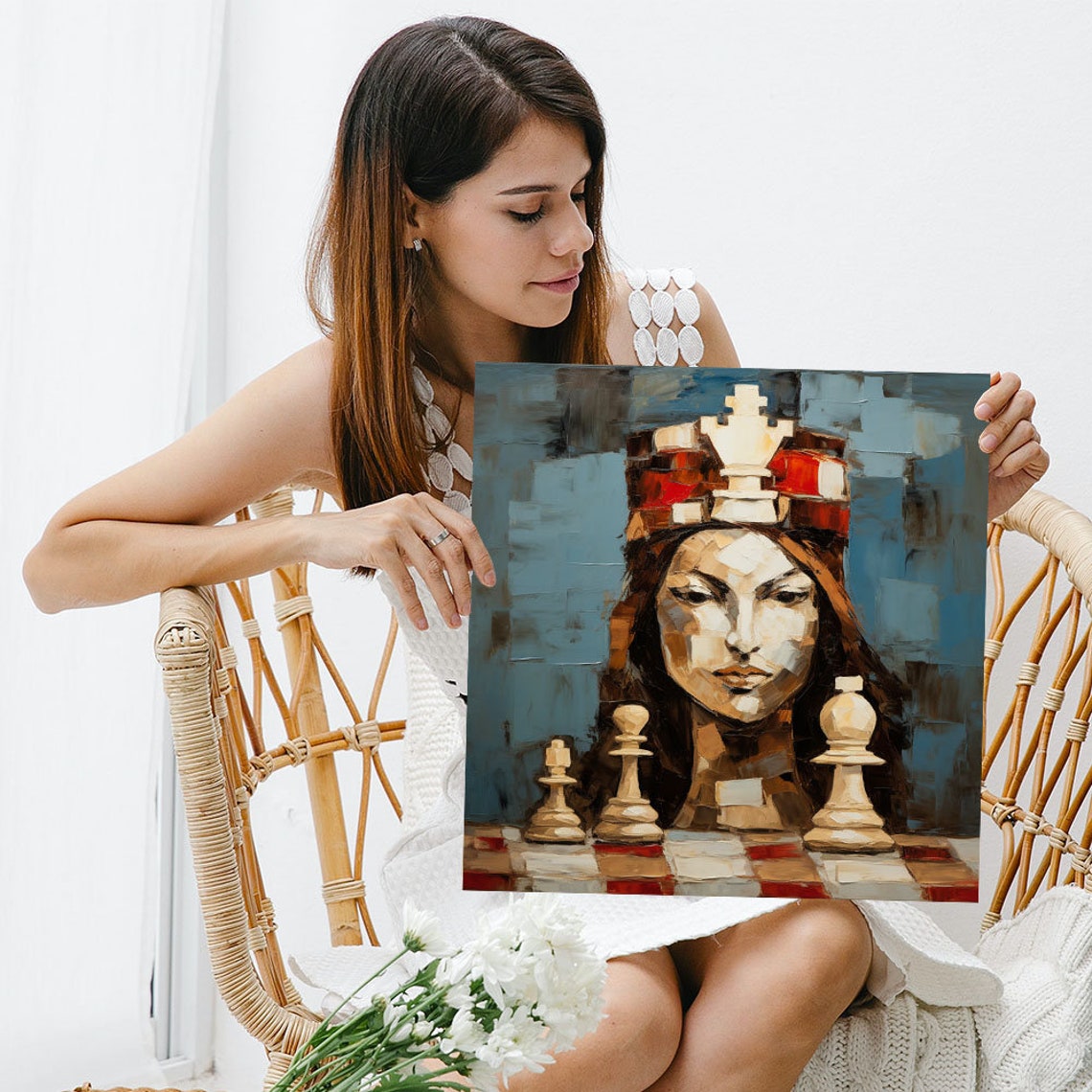Chess Queen Woman Portrait Abstract Blue Cubist Game Art Canvas Poster - Image 5