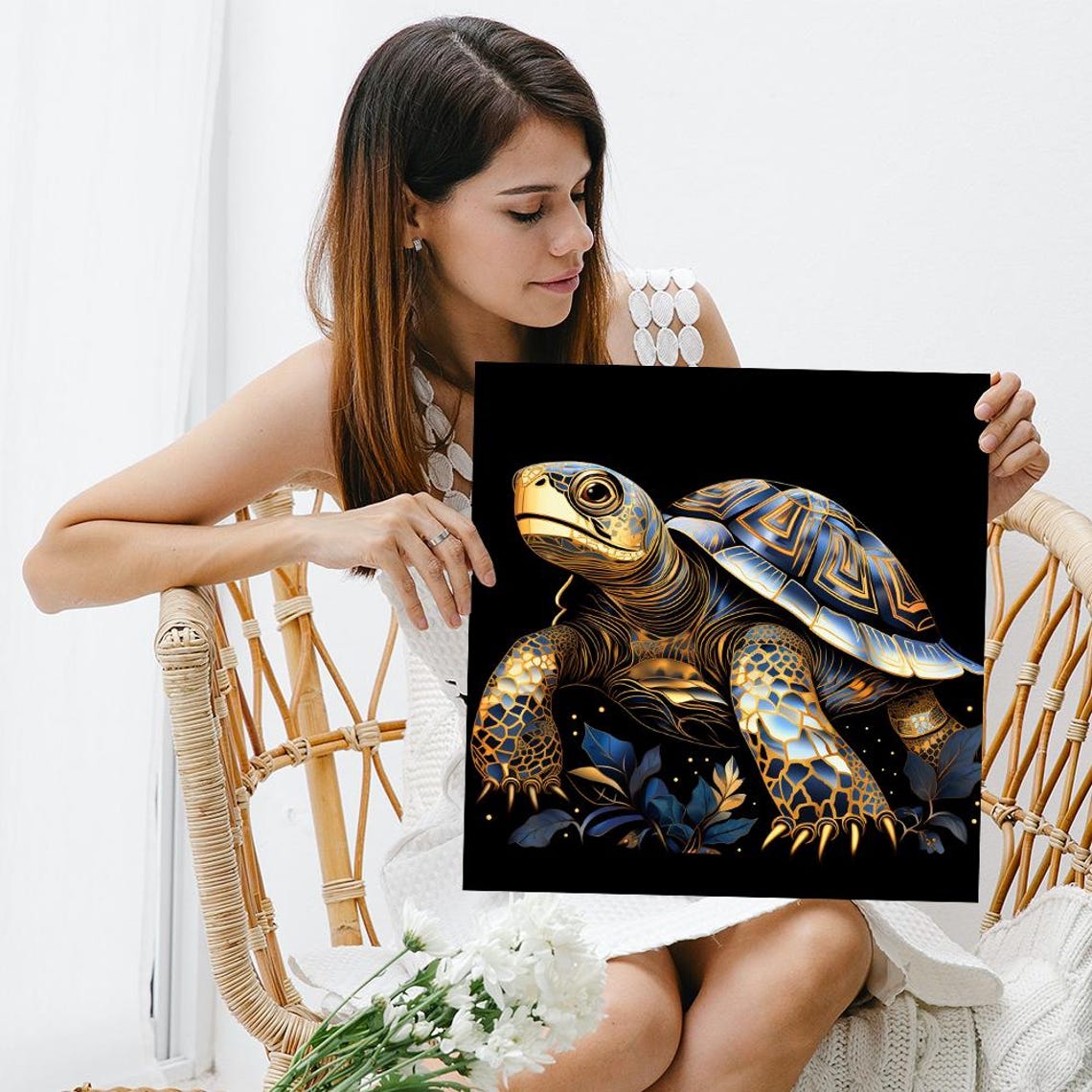 Golden Turtle With Ornate Blue Shell Art Deco Style Animal Poster - Image 3