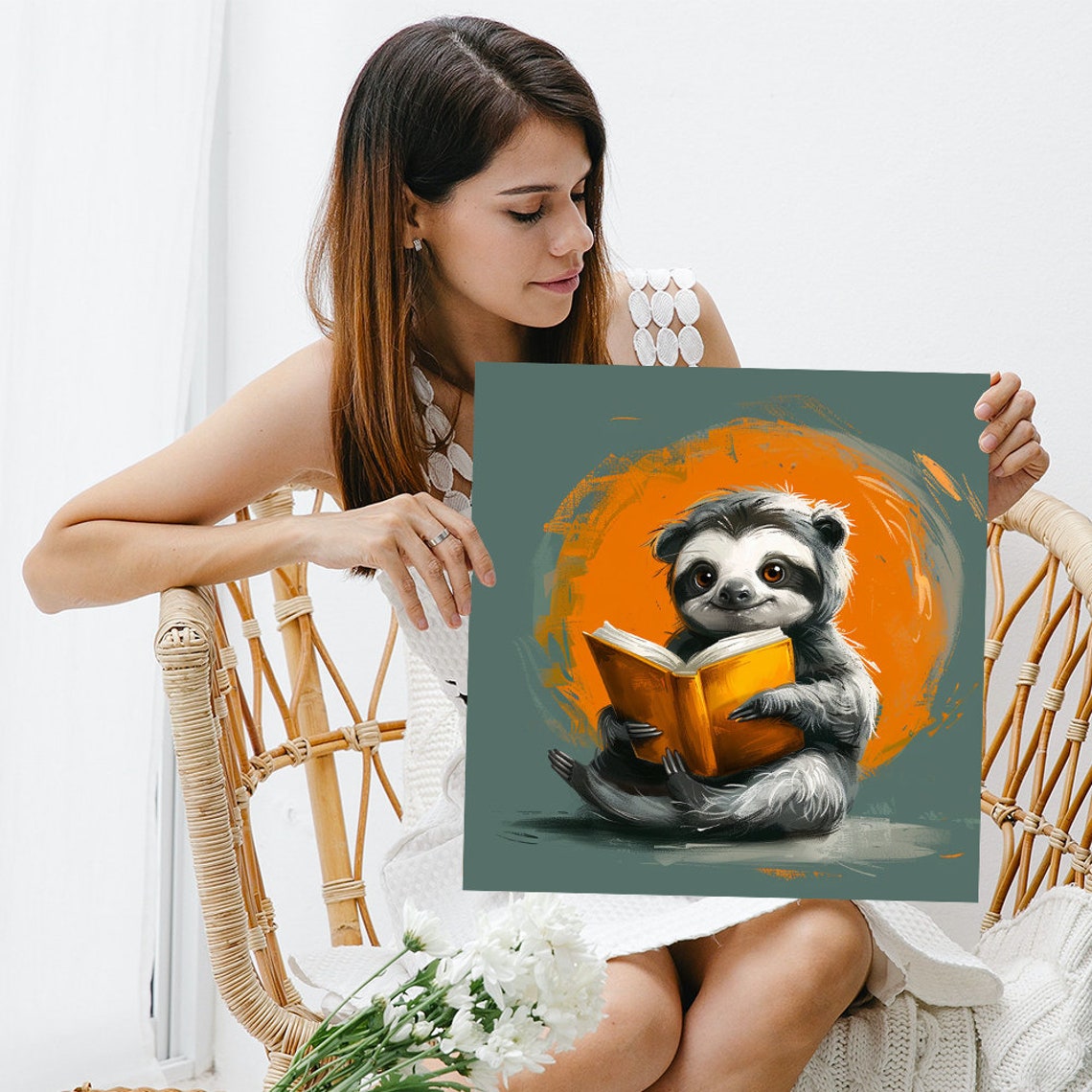 Sloth Reading Orange Book Cute Library Whimsical Animal Poster - Image 3