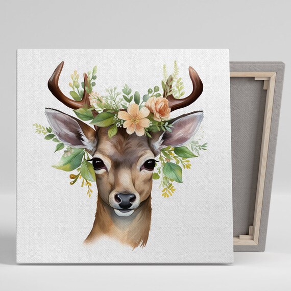 Deer With Antlers Wearing Floral Crown Peach Blossoms Watercolor Forest Poster