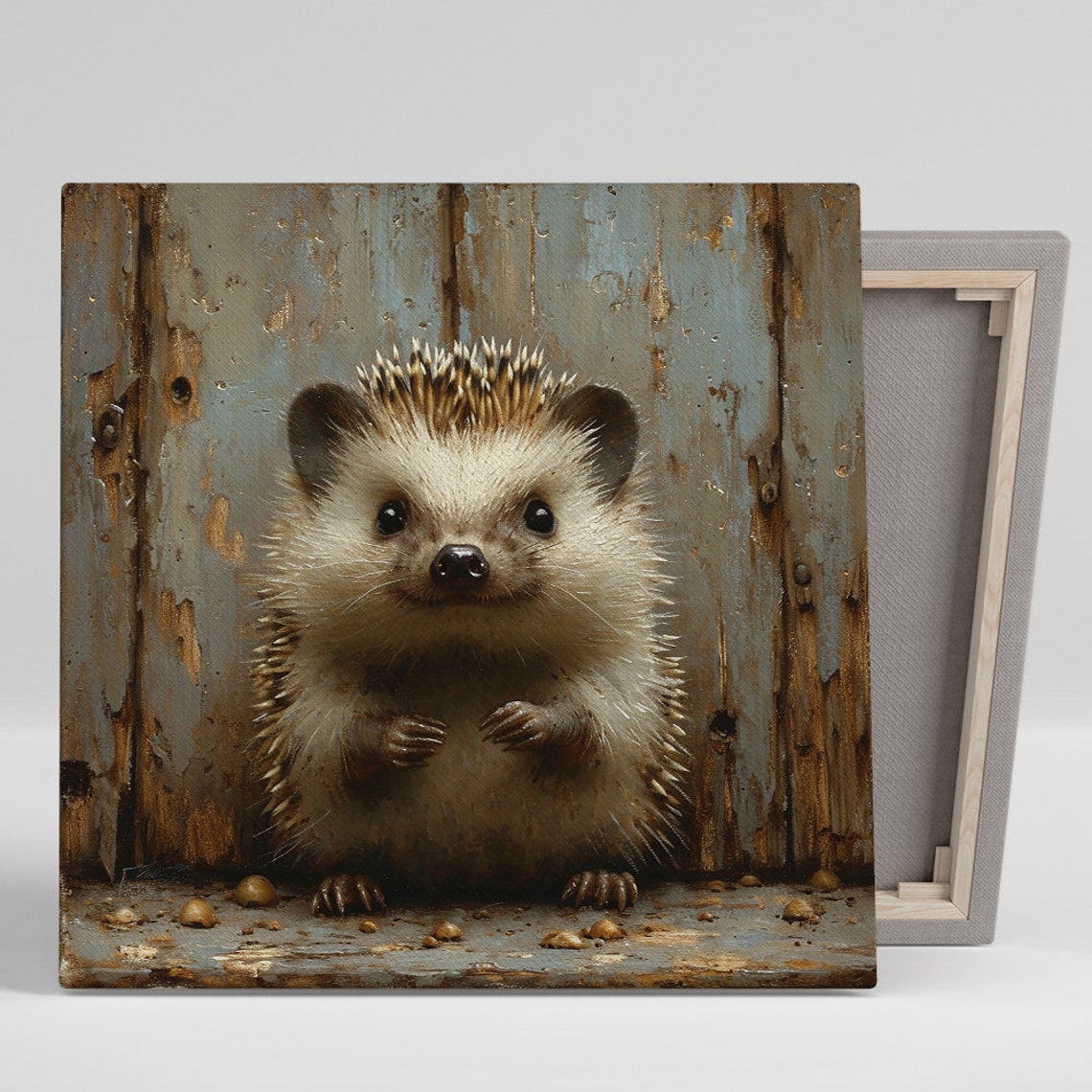 Curious Hedgehog Rustic Wooden Door Cute Animal Wall Art Poster