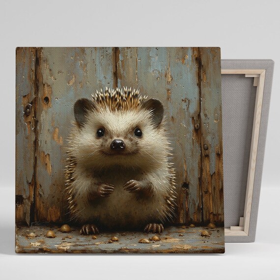 Curious Hedgehog Rustic Wooden Door Cute Animal Wall Art Poster
