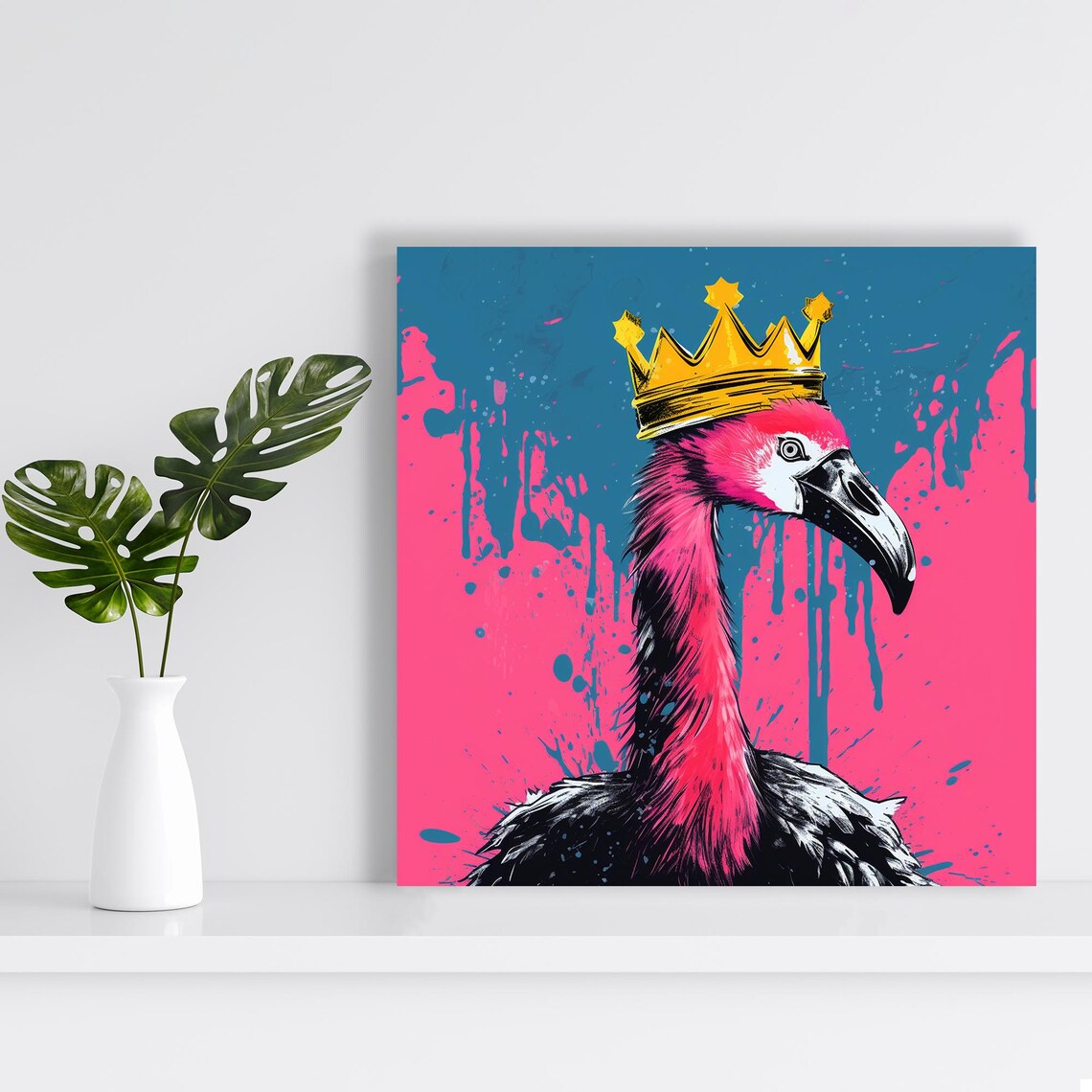 Regal Flamingo Gold Crown Pink Blue Pop Street Art Animal Poster - Image 2