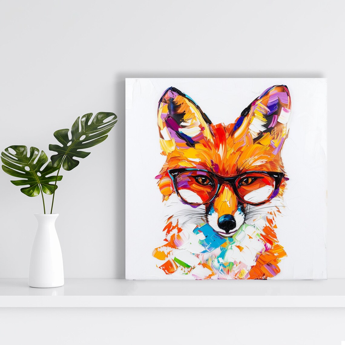 Clever Fox Wearing Black Glasses Colorful Abstract Oil Paint Style Portrait Poster - Image 2