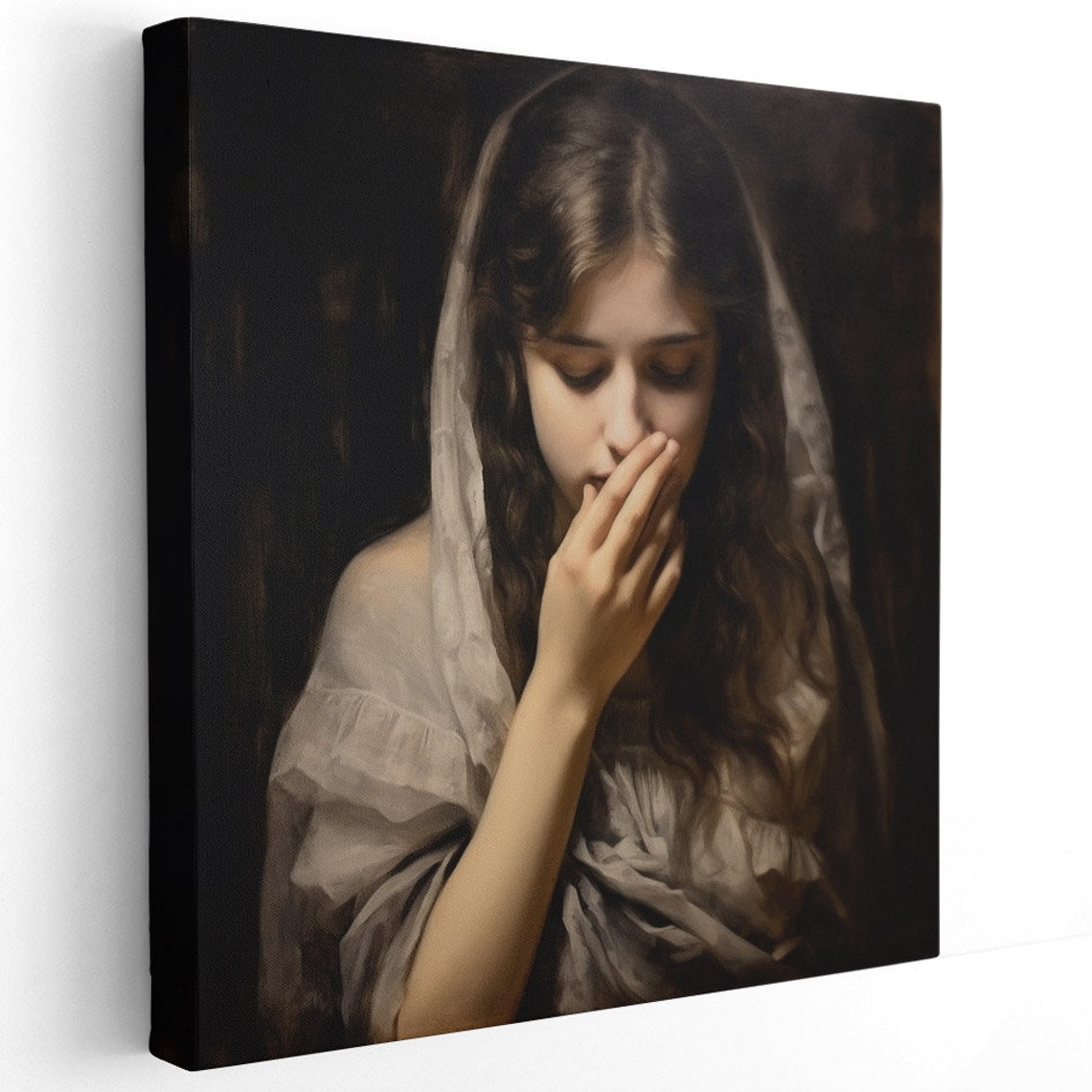 Classical Veiled Woman Hand To Mouth Dark Romantic Vintage Art Poster - Image 2