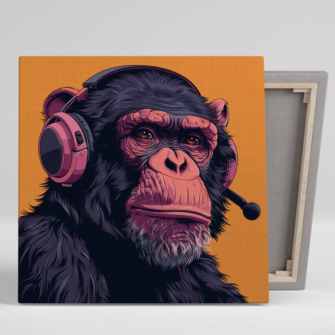 Chimpanzee Wearing Pink Headphones Orange Background Music Pop Poster