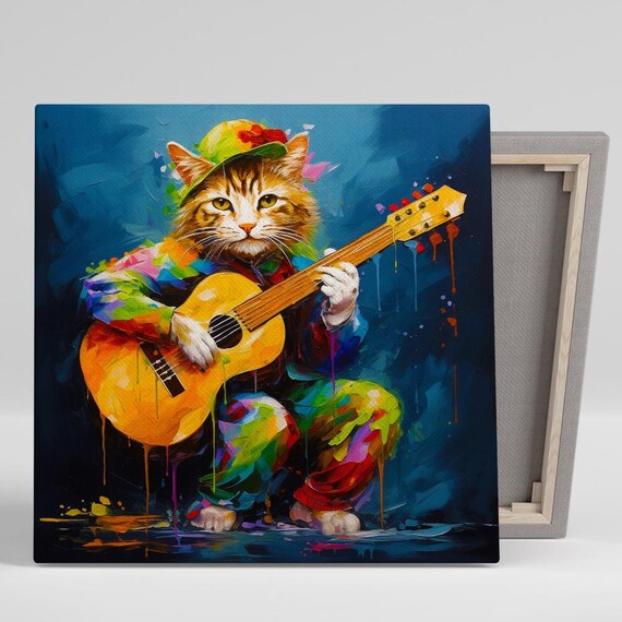 Guitar Playing Cat Colorful Musical Whimsical Happy Musician Art Poster