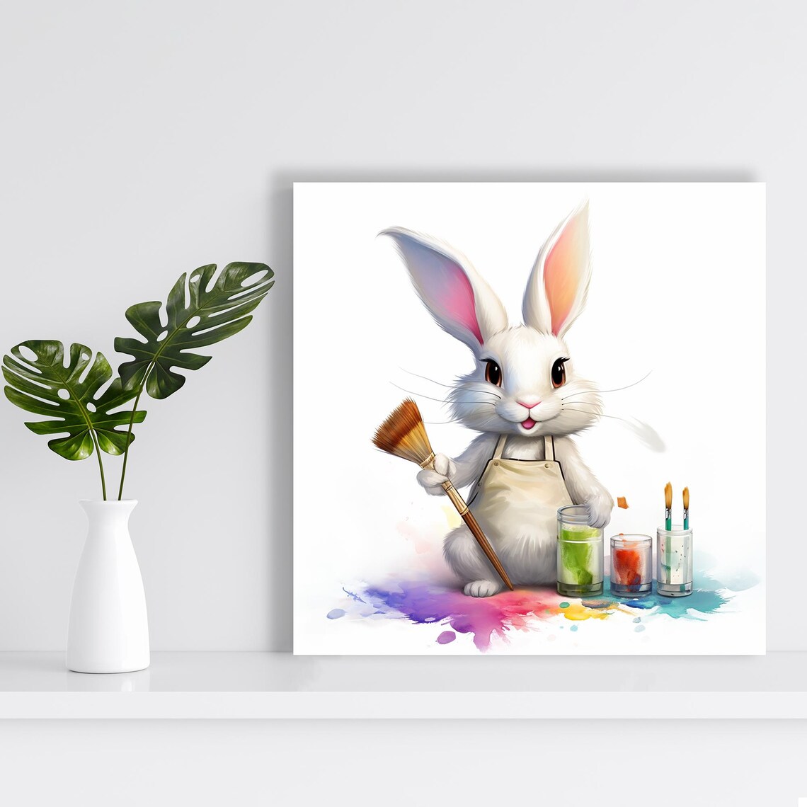 Bunny Artist With Paintbrush Watercolor Jars Cute Nursery Poster - Image 2