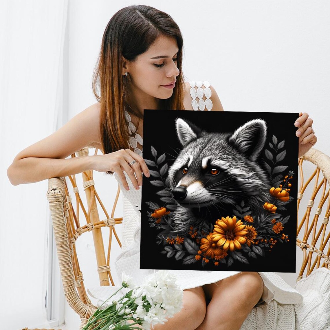 Raccoon Portrait With Orange Marigold Flowers Monochrome Black Wall Poster - Image 3