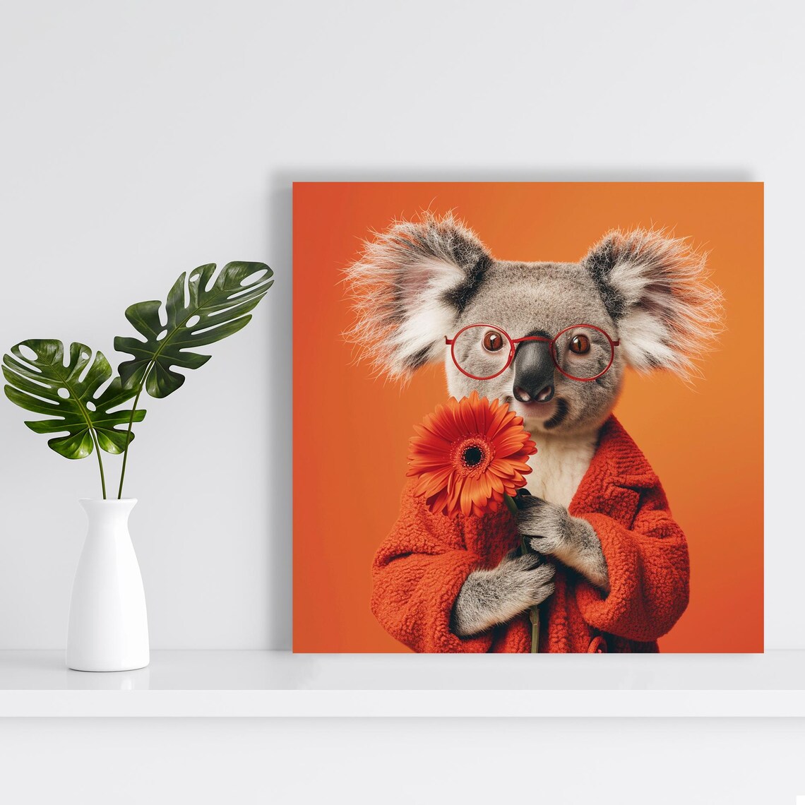 Koala In Red Glasses And Coat Holding Orange Flower Portrait Poster - Image 2