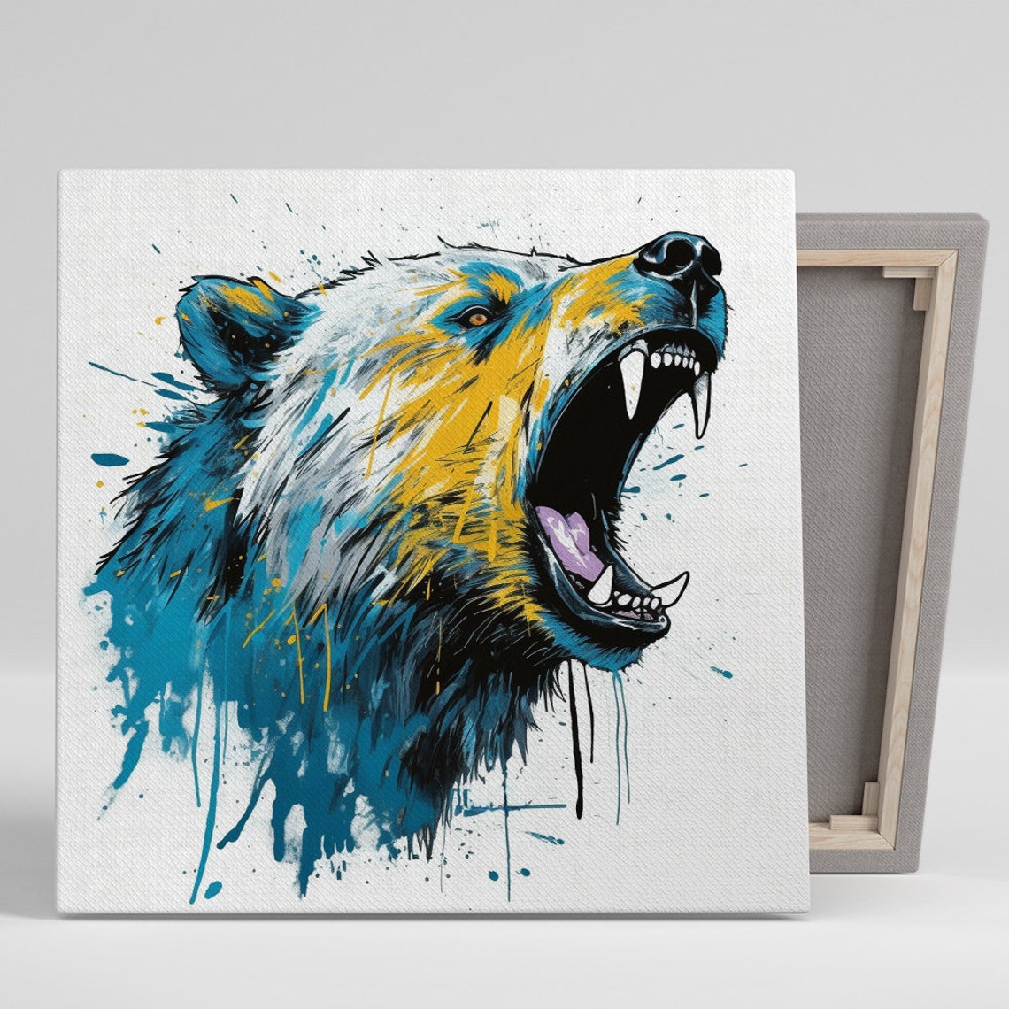 Roaring Bear Street Art Blue Yellow Paint Splash Bold Animal Poster
