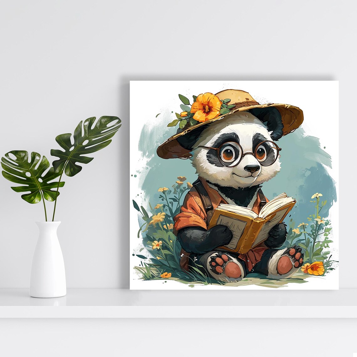 Panda Explorer Reading Book In Flower Meadow Watercolor Art Poster - Image 2