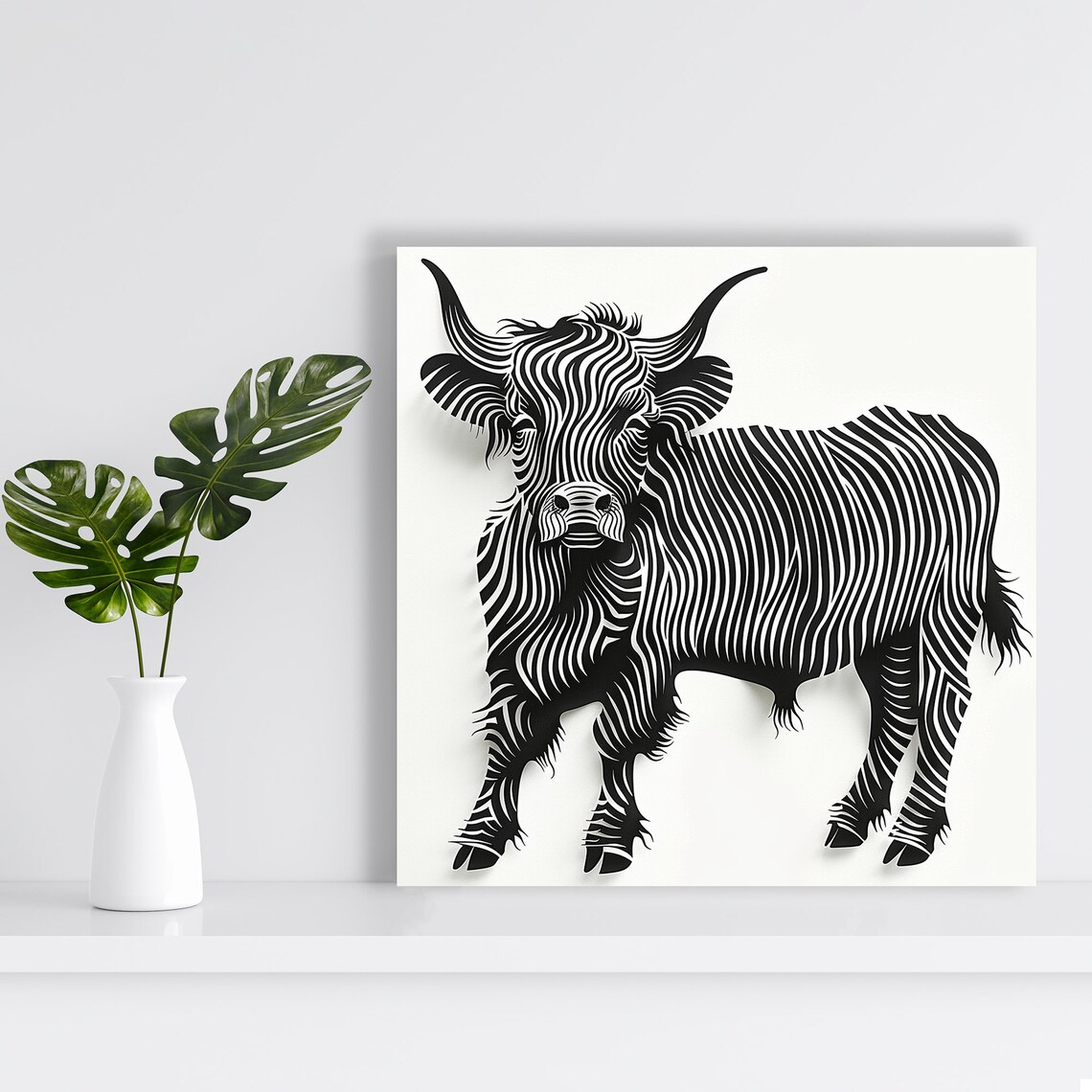 Highland Cow Black White Striped Line Art Minimalist Animal Poster - Image 2