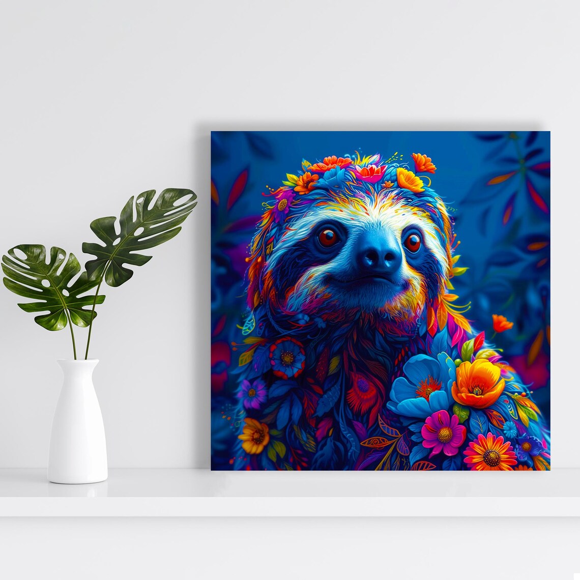 Neon Sloth Flower Crown Portrait Psychedelic Colors Vibrant Wall Art Poster Print - Image 2