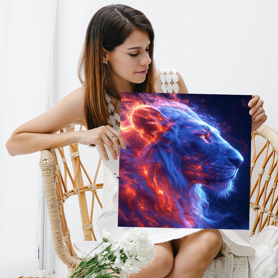 Cosmic Lion Blue Flames Nebula Portrait Fiery Eyes Surreal Wall Art Poster - Image 3