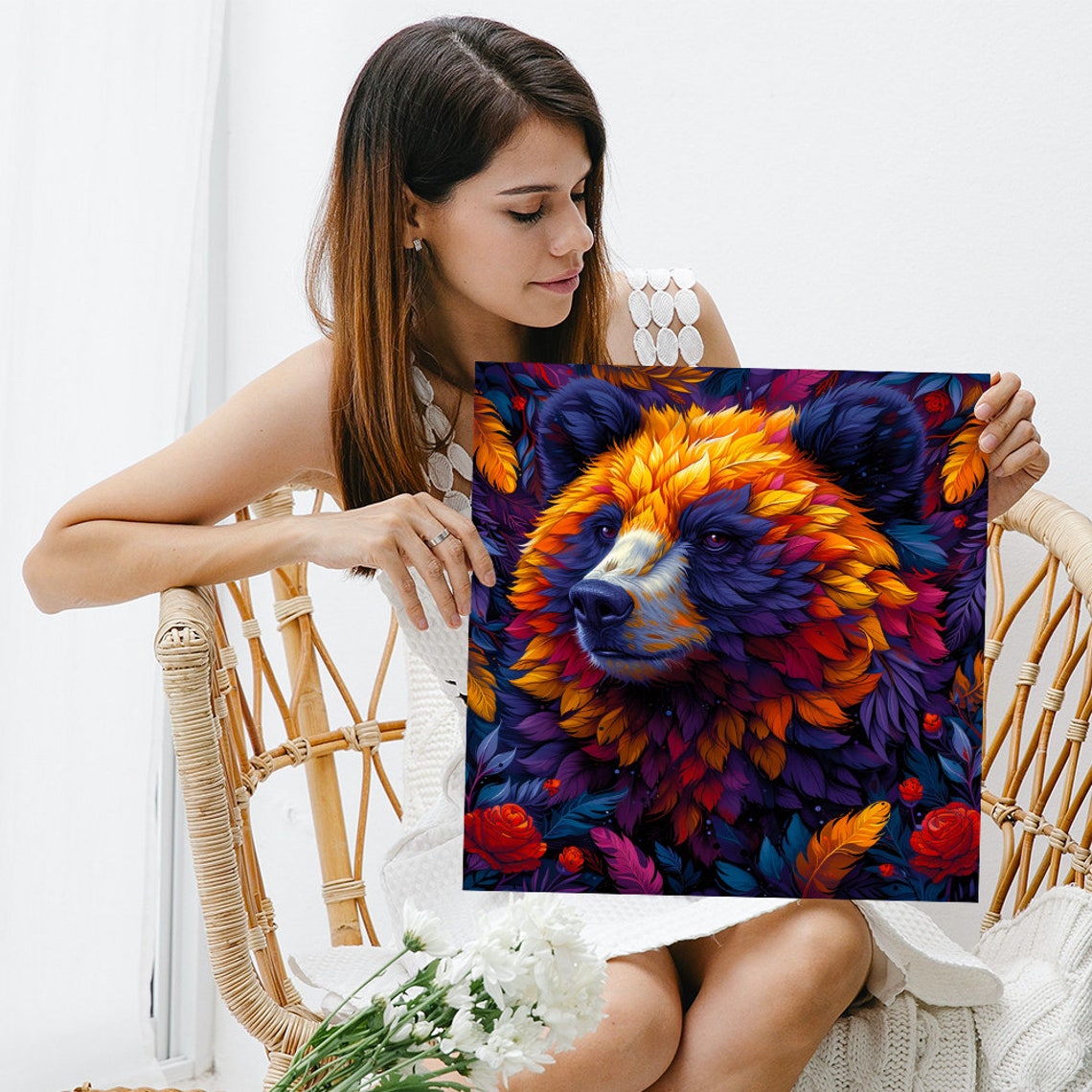 Bear Mosaic Colorful Feathers Floral Vibrant Bohemian Wall Art - Image 3